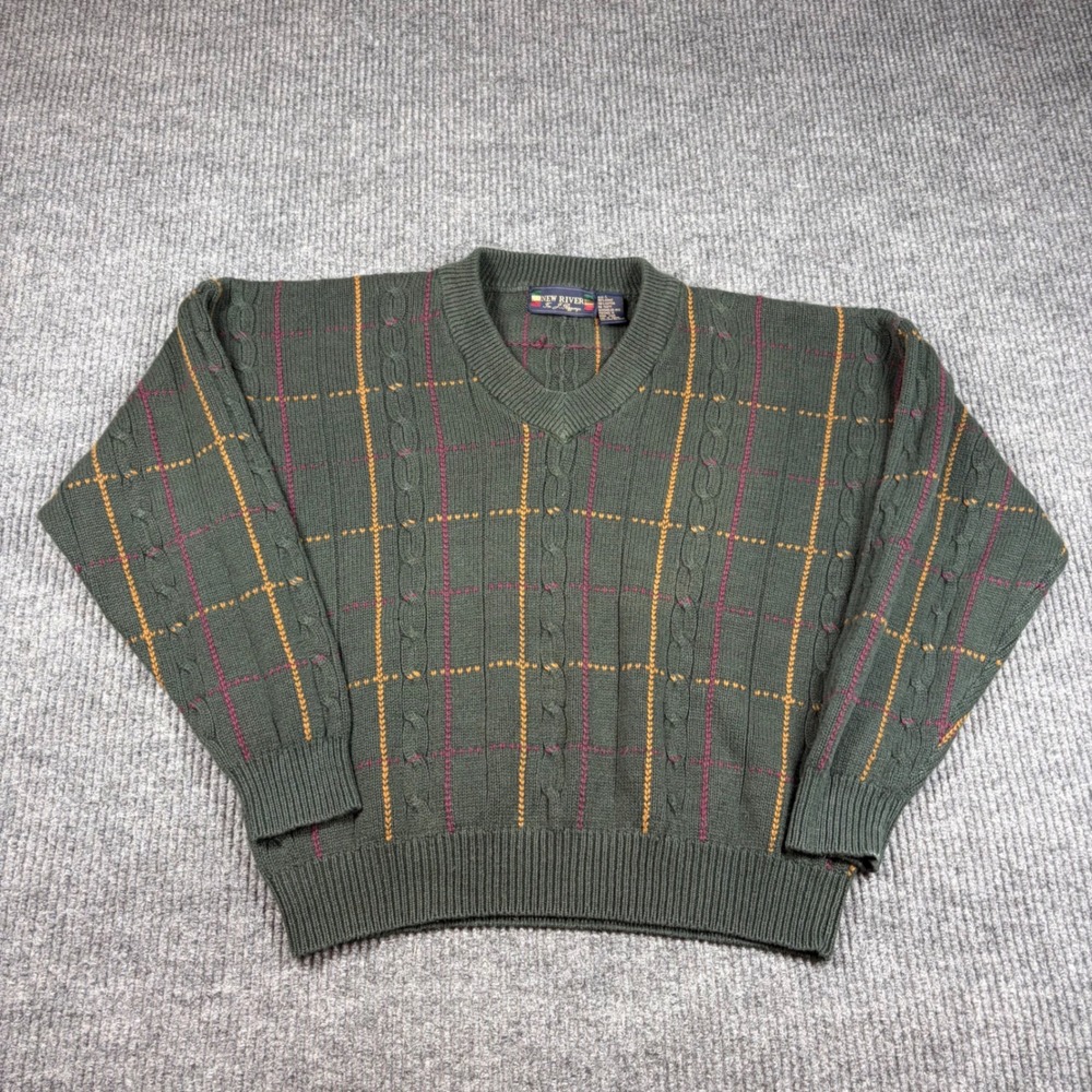 New River For J Riggins Mens Green Plaid‎ Cable Knit V-Neck Sweater Size L